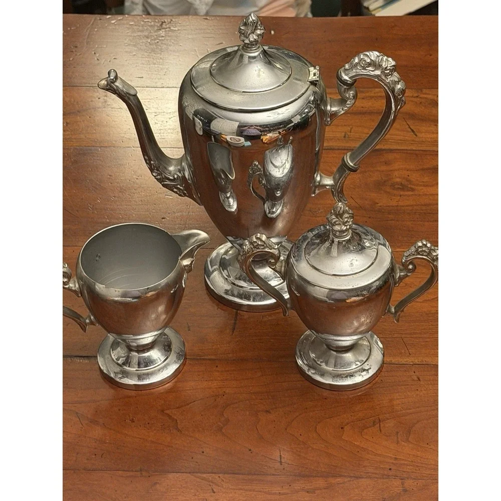 Vintage Cromwell Silver Mfg Corp Chromium 3 Pc Coffee Tea Set Teapot Art Deco